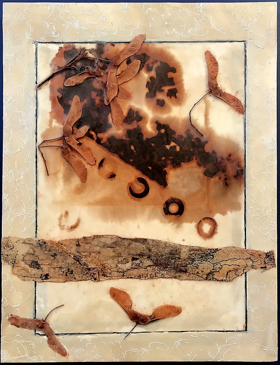 Encaustic panel in cream and rust with real maple seed pods and a horizontal strip of bark embedded in the wax