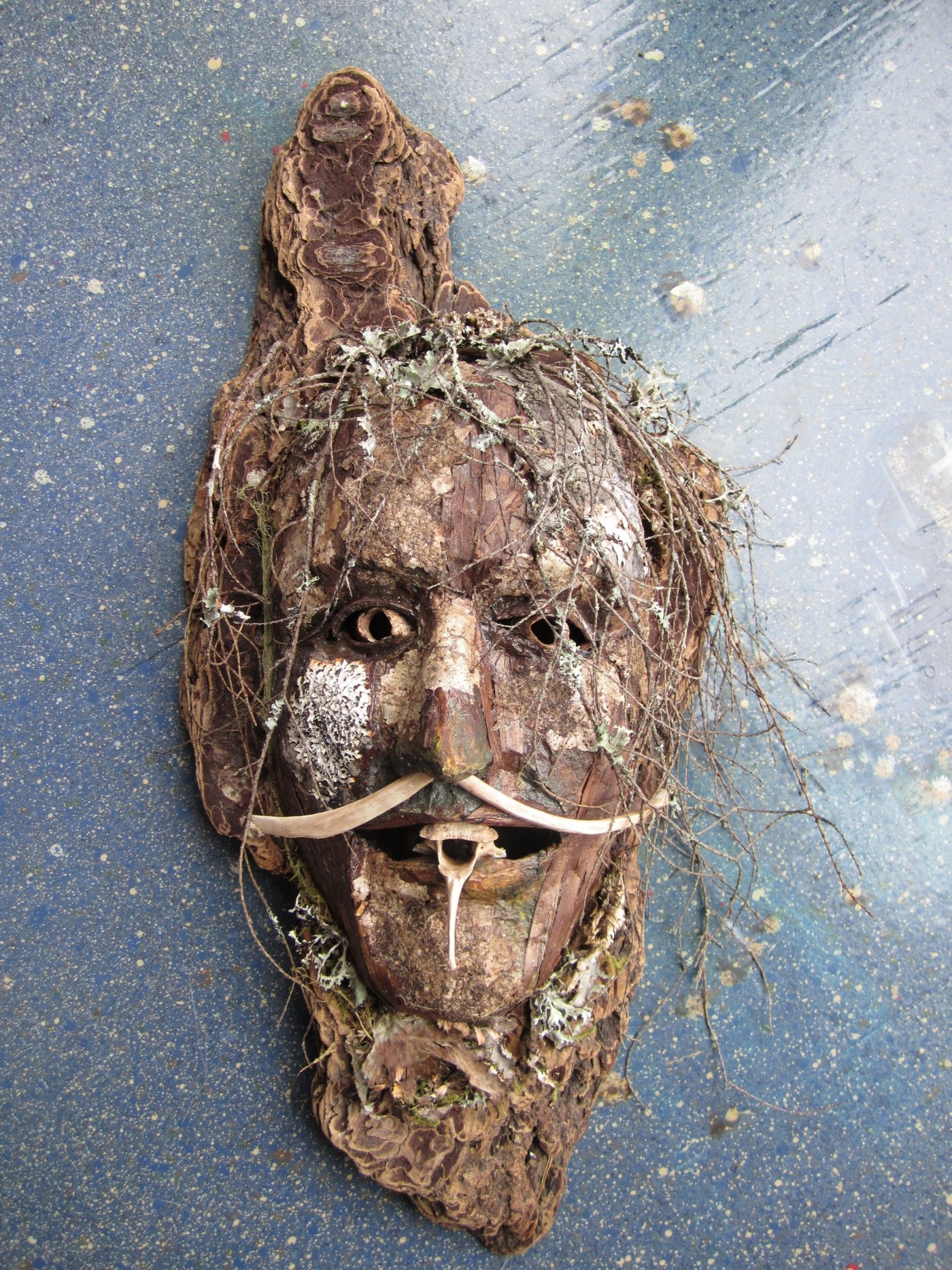 Mask built from cedar and alder bark with lichen hair, a bone laid across as a moustache and a bone tooth in the open mouth
